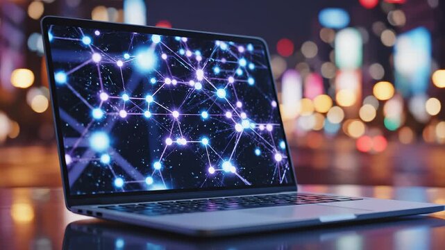 Laptop with network pattern on screen ideal for modern app promotions and digital marketing