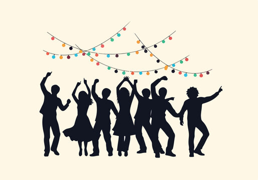 A group of silhouetted people dancing under string lights