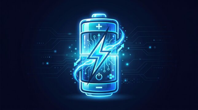 Glowing Blue Battery Icon with Energy Bolts on Dark Background.