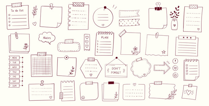 Hand drawn doodle sticky notes, to-do lists, and memo pads vector, with colors, black white pink purple