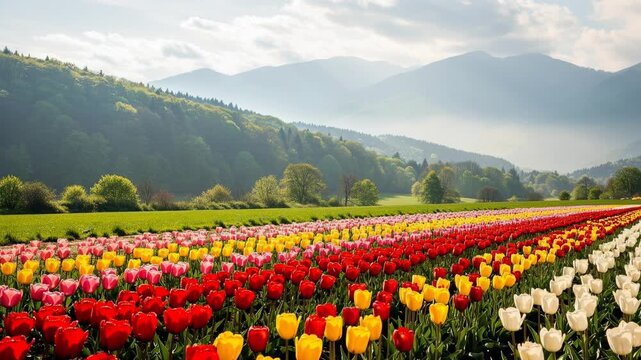 Colorful tulip field with rows of pink red yellow and white flowers under a bright sky and misty mountains
