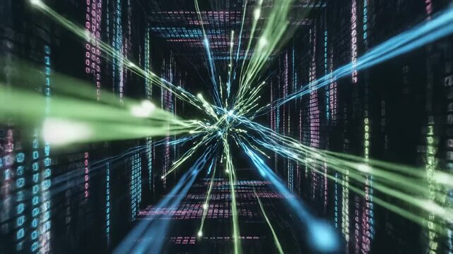 Digital tunnel with binary code and light beams highlighting seamless tech integration and digital solutions