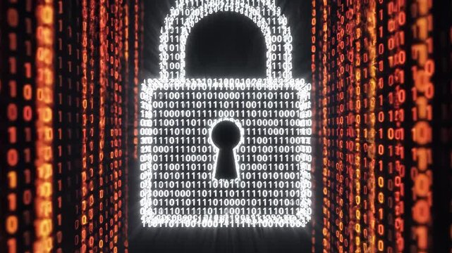 Digital padlock with binary code emphasizing futuristic innovation and connectivity
