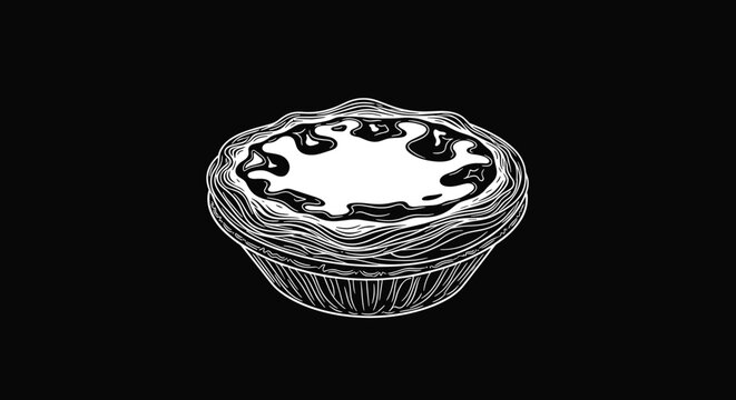 Hand-drawn black and white illustration of a traditional egg tart pastry with flaky crust and custard filling isolated on a black background.