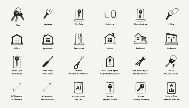 Drawn Icons: Keys, Locks, Houses, Real Estate & Property Management Concepts