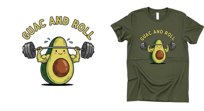 Playful avocado cartoon lifting weights with humorous phrase guac and roll for fitness lovers and health enthusiasts on casual