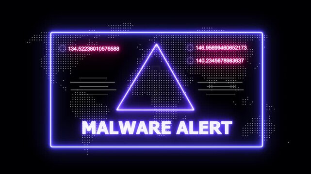 glowing Neon line malaware alert and security breach warning alert message Virus code software hack Hacking attack in Progress, Virus, on a black background 4k animation video