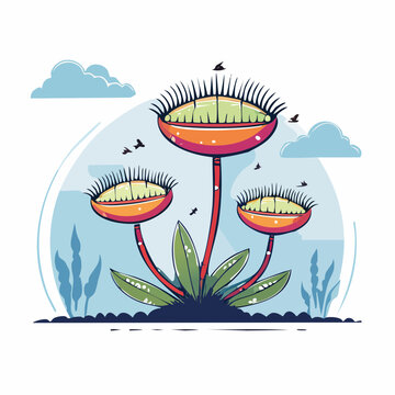 Cartoon Venus Flytrap Plants with Flying Insects and Clouds