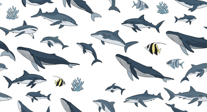 Seamless pattern of various marine animals including whales dolphins sharks and tropical reef fish swimming among corals on a white background.