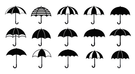 Fototapeta premium Collection of diverse black umbrella icons on white background, vector illustration