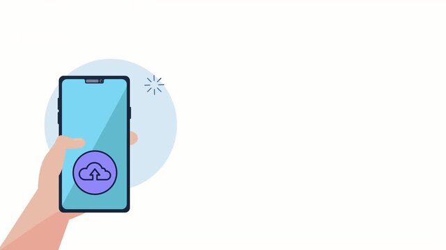 Flat animation of hand holding smartphone displaying various application icons for cloud upload email music and video playback.