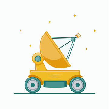 Cartoon satellite dish on wheels with stars