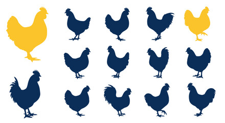 Unique Yellow Chicken Silhouette Among Many Dark Blue Chickens © hakim