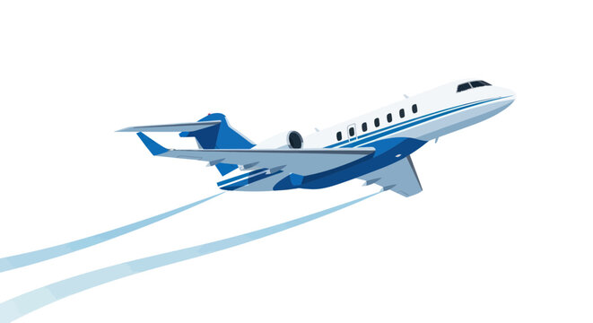 Luxury private jet taking off, sleek design, blue and white, with contrails