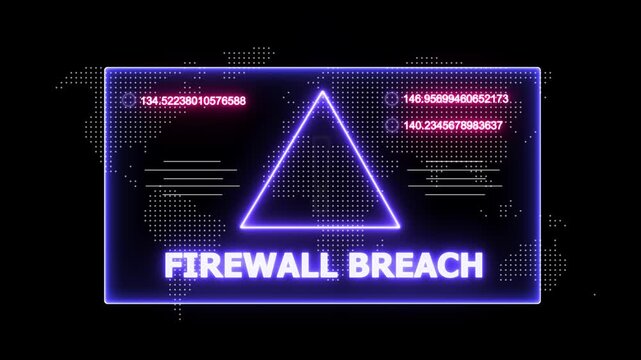 glowing Neon line firewall breach and security breach warning alert message Virus code software hack Hacking attack in Progress, Virus, on a black background 4k animation video
