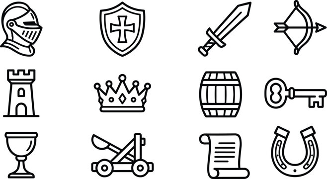 Medieval War and Kingdom Icon Set with Catapult, Knight Helmet, Sword, Crown, and Fortress Symbols for Historical Game Design, Apps, and Creative Vector Projects