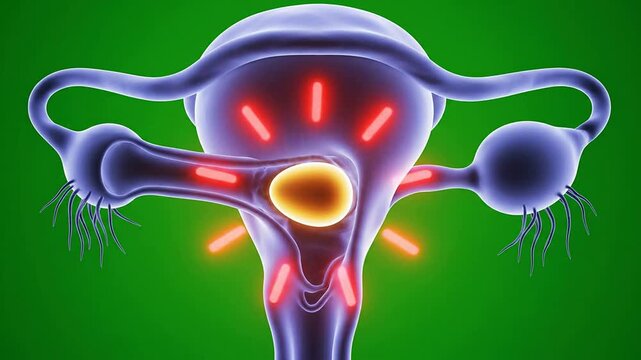 Detailed Anatomical Illustration of Female Reproductive System Featuring Uterus and Ovaries on Vibrant Green Background