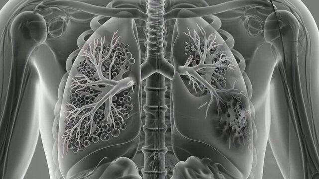 Detailed Anatomical Illustration of Human Lungs Highlighting Bronchial Tree and Alveolar Structures in Context of Respiratory Function and Disease Analysis