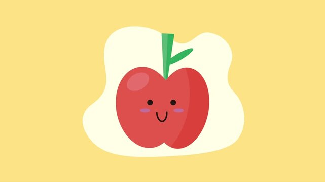 Cute happy red apple character animation falling on yellow background.