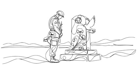 Obraz premium Soldier Bows Head At Grave, Memorializing Fallen Comrade With Poppies And Dove