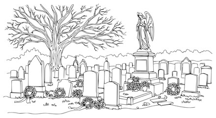 Graveyard scene with angel statue, tombstones, and bare tree