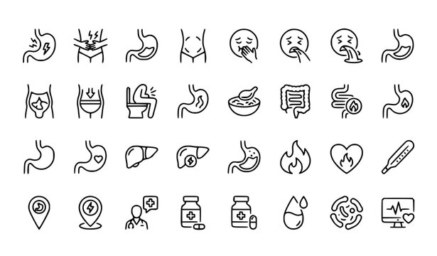 Gastrointestinal health line icon set with stomach ache and digestive system vector collection