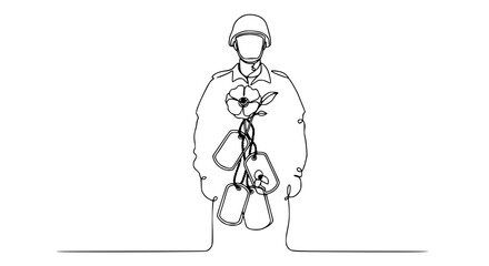 Fototapeta premium Soldier Remembrance: Continuous Line Art of Poppy and Dog Tags on Uniform