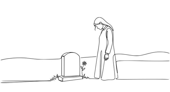 Sad Woman in Mourning Standing at a Gravestone with a Flower, Single Line Drawing