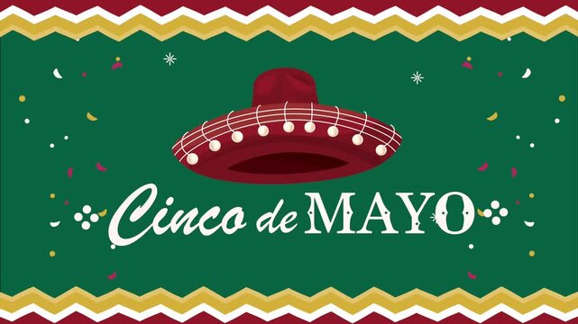 Cinco de mayo celebration animation featuring mexican sombrero hat and festive typography over green background.