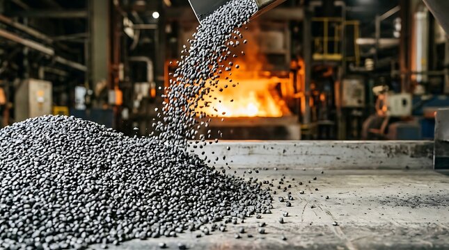 Iron ore pellets pouring into a hot smelting furnace at an industrial steel production factory