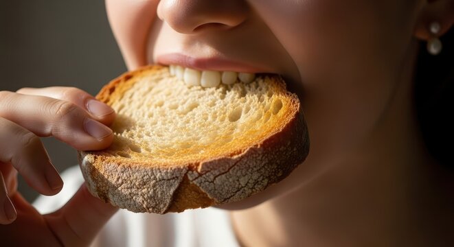 Close-up of a Young Woman Biting into a Slice of Freshly Toasted Artis