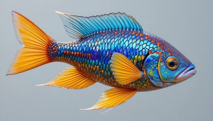 Fototapeta premium Vibrant blue and orange fish with yellow fins on gray background, showcasing its colorful scales and fins in detail
