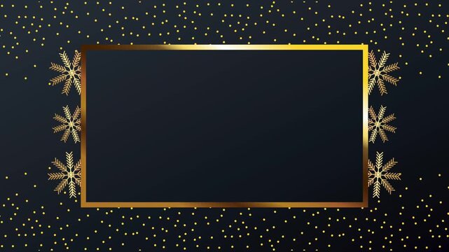 Golden luxury frame with snowflakes and glitter dots on dark background for christmas and new year holiday motion graphics.