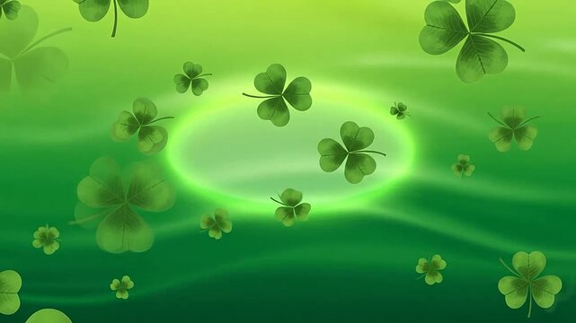 Floating green clover leaves on a soft abstract gradient background
