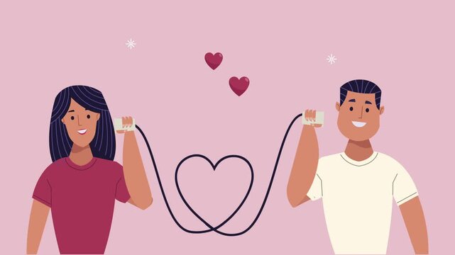 A couple communicating through tin can phones with a heart-shaped string in a charming animated video.