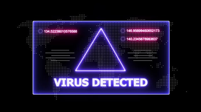 glowing Neon line virus detected and security breach warning alert message Virus code software hack Hacking attack in Progress, Virus, on a black background 4k animation video