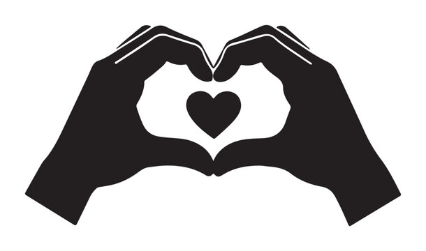 Human Hands Forming Heart Shape Gesture with Small Heart Symbol Inside Minimalist Black Silhouette Illustration Isolated on White for Love and Wedding Design