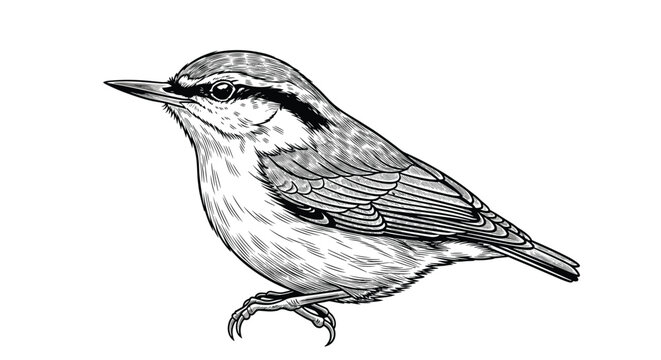 Detailed side profile of a small bird like a warbler or nuthatch in a black and white hand drawn engraving style.