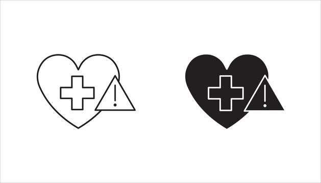 Modern healthcare and wellness communication icon set featuring heart symbols with medical cross and alert notification inside speech bubbles. Includes outline and solid black versions isolated on lig