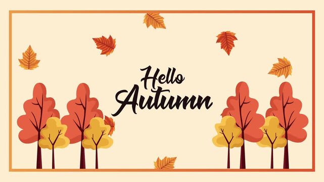 Animated autumn scene with falling leaves and trees, hello autumn text appears, peaceful seasonal motion footage.