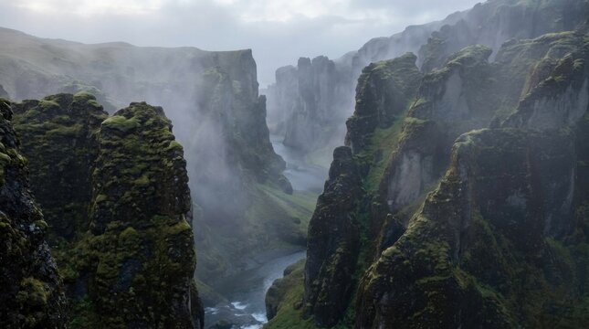 Deep moss-covered Fja?r?rglj?fur canyon in Iceland with a winding river at the base and thick, swirling mist and low clouds drifting between the steep, jagged volcanic rock formations.