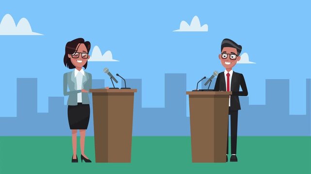 Male and female candidates giving speeches at podiums for political election campaign animation.