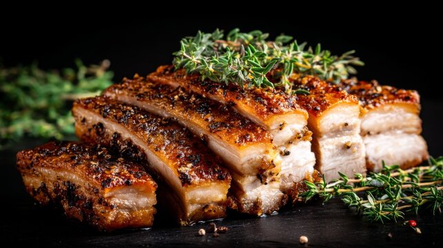Crispy pork belly slices garnished with fresh thyme on dark background showcasing delicious meat texture and well-seasoned surface for food photography
