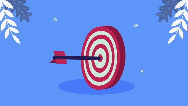 Animation of arrow hitting center of target for success concept and business goal achievement achievement on blue background.