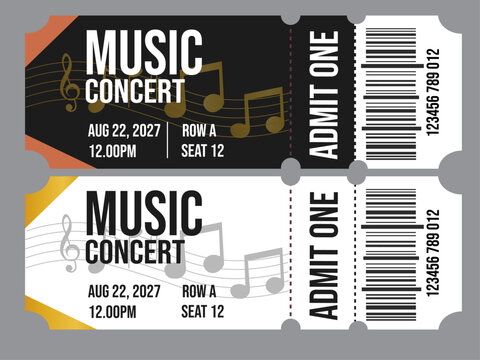 Music concert tickets, event admission pas design ticket 