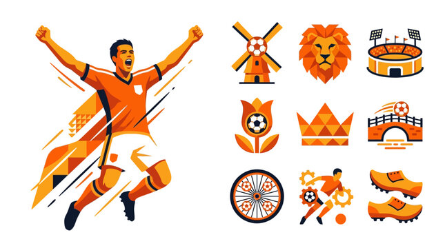 Flat vector illustration set featuring a celebrating male soccer player in an orange kit with Dutch cultural icons including a lion head, windmill, tulip, crown, and stadium.