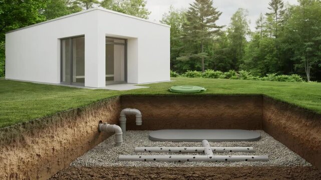 Modern house with advanced underground septic system installation in green natural environment