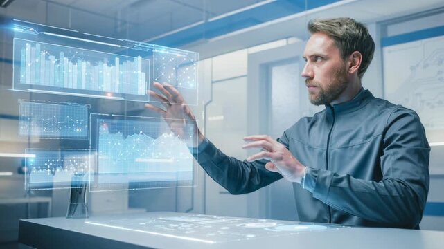 Man using futuristic virtual interface with digital data charts and technology in modern office