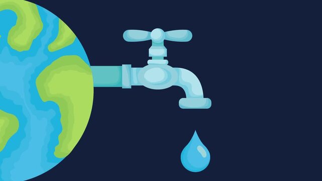 Animation of planet earth with water tap dripping single drop on blue background for world water day concept.