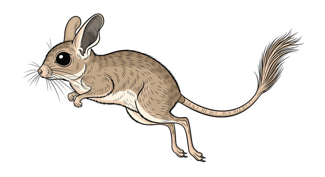Small jerboa or desert rodent jumping high in the air shown in a detailed hand drawn vector illustration on white.